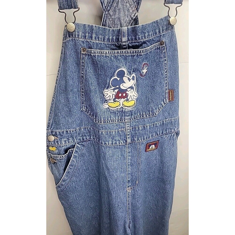 Disney Mickey Mouse Denim Overalls XL‎ Embroidered Front Pocket Adjust Y2K - Picture 6 of 15